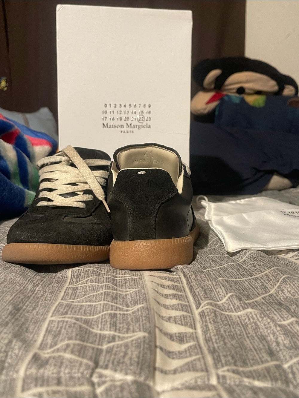Maison Martin Margiela Black Suede Sneakers with Cream Laces and Gum Sole